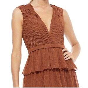 Ieena for Mac Duggal 49287 Brown V-Neck Sleeveless Ruffle Long Gown Lined size18